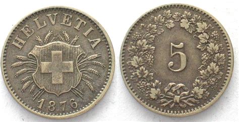 Schweiz EIDGENOSSENSCHAFT 5 Rappen 1876 Billon ERHALTUNG 39750 F Vz