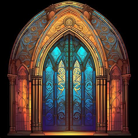 Premium Ai Image Gothic Arched Door With Stained Glass Designs