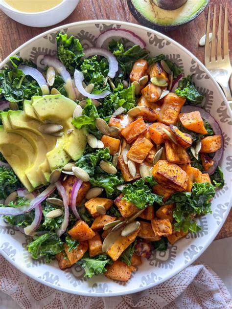 Spicy Roasted Sweet Potato Kale Salad With Avocado Big Delicious Life