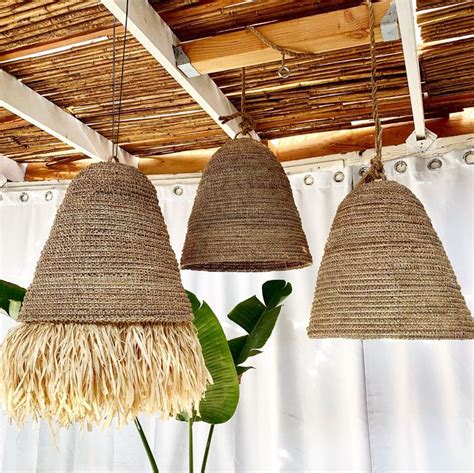 Seagrass W Fringe Rattan Natural Pendant Light Lamp Etsy In 2021