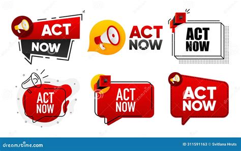 Act Now Megaphone Label Collection With Text Marketing And Promotion Vector Illustration