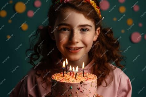 Premium AI Image | funny young girl holding a big birthday cake with ...