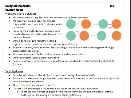 AQA A Level Biology Biological Molecules Teaching Resources