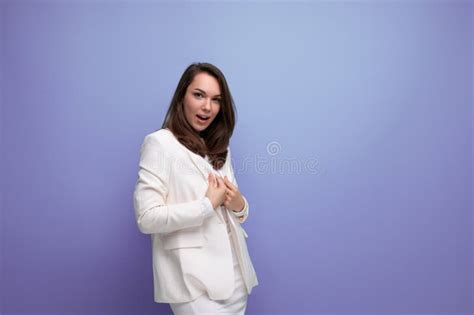 Brunette Business Woman In Dress Is Successful In Model Posing Stock