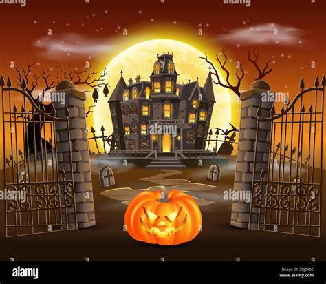 happy halloween background with scary pumpkin on graveyard with haunted house, and full moon ...