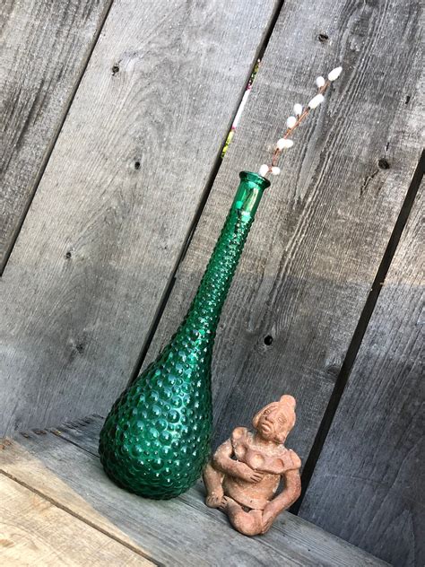 Vintage Mid Century Italian Empoli Green Hobnail Genie Bottle Glass