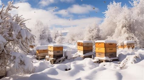 Premium Ai Image The Bee Hives Covered In Pristine White Snow Nestled