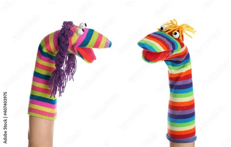 Funny Sock Puppets For Show On Hands Against White Background Stock