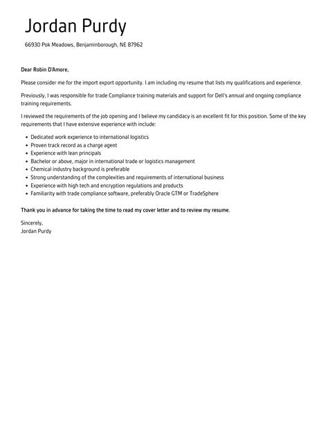 Import Export Cover Letter Velvet Jobs