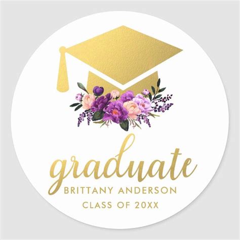 Graduate Gold Purple Watercolor Floral Classic Round Sticker Zazzle Graduation Stickers