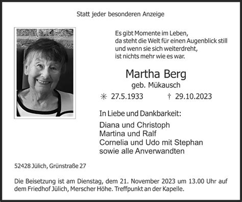 Traueranzeigen Von Martha Berg Aachen Gedenkt