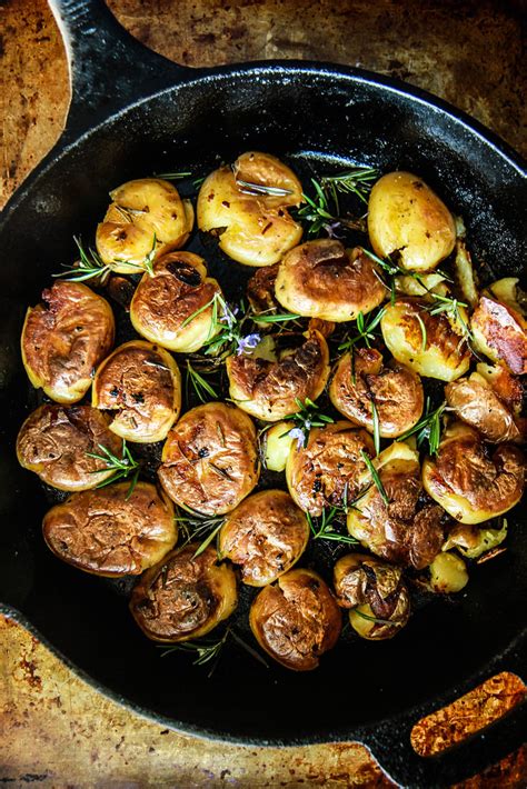 Pan Fried Crispy Smashed Rosemary Bacon Garlic Potatoes Heather Christo