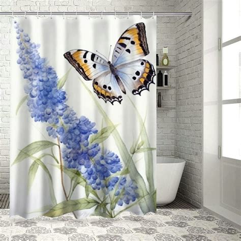 Onetech Purple And Blue Flower Butterfly Shower Curtain For Bathroom