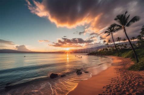 Tropical Sunset At Kaanapali Beach Maui Hawaii Stock Illustration Illustration Of Hawaii