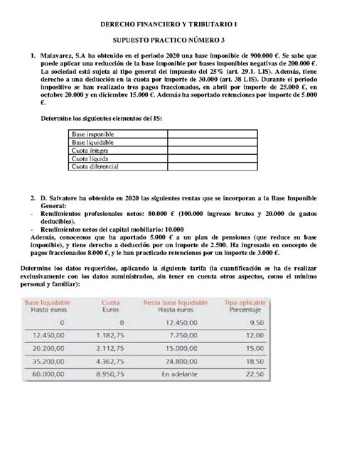 Enunciado Supuesto Práctico De Financiero 1 Del Derecho Financiero Y