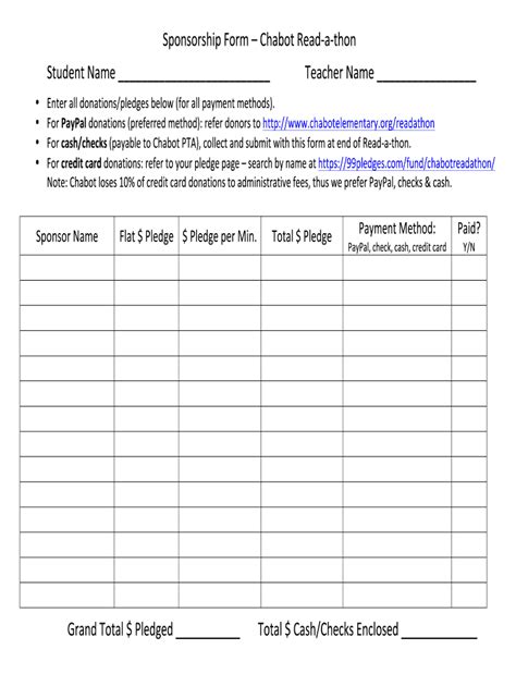 Fillable Online 2017 Read A Thon Sponsorship Form Chabot Elementary