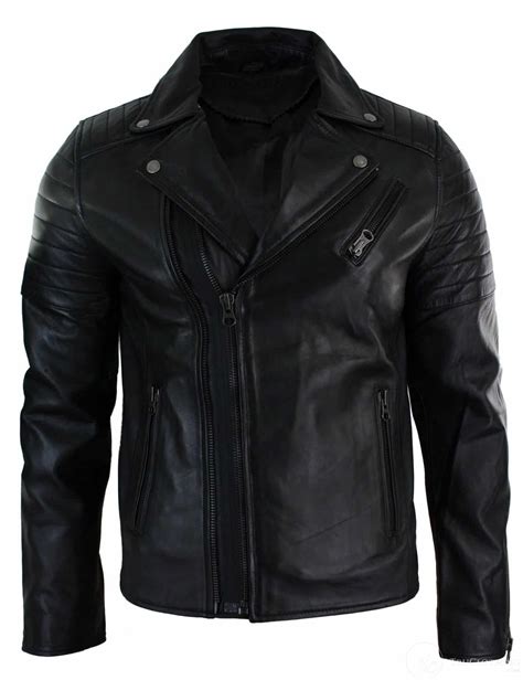 Real Leather Slim Fit Cross Zip Retro Vintage Brando Mens Jacket