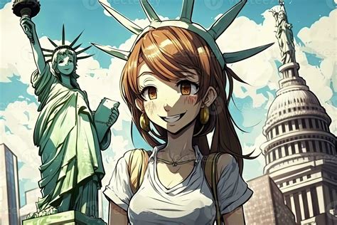 Beautiful Anime Manga Girl In New York City Statue Of Liberty