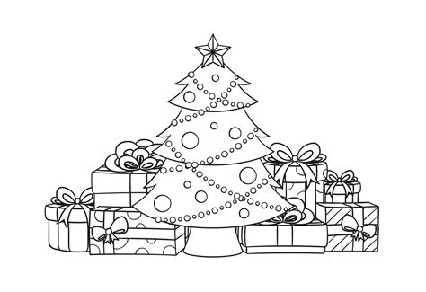 Coloriage de Noël Les cadeaux au pied du sapin