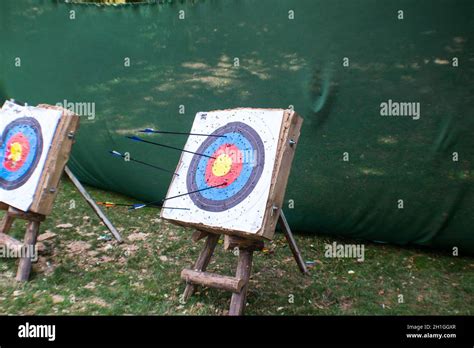 Number Of Arrows Stuck On An Archery Target Board Stock Photo Alamy