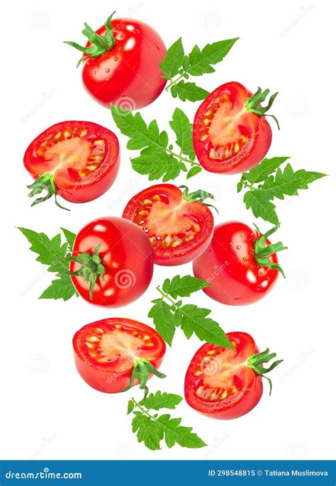 Flying Tomatoes With Green Leaves Isolated On White Background