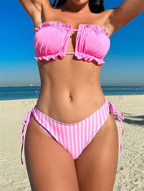 Shein Swim Summer Beach Ladies Vertical Striped Bikini Set 2 Pieces