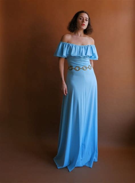 Vintage S Off The Shoulder Baby Blue Maxi Dress Siz Gem