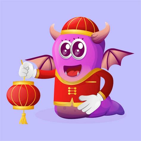 Premium Vector Cute Purple Monster Celebrate Chinese New Year