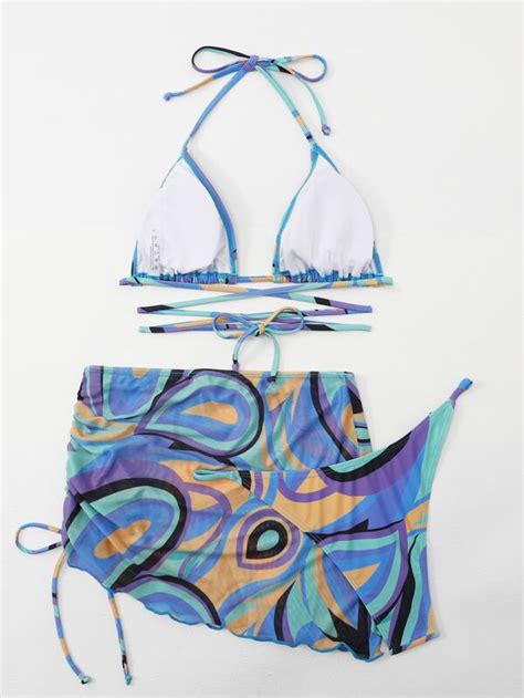 Shein Swim Vcay Allover Print Mesh Bikini Set Halter Triangle Bra Top