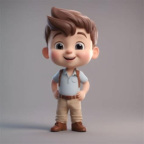 Renderização 3D de um menino bonito usando suspensórios e sorrindo