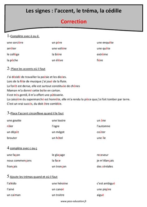 Accent tréma et cédille Cm1 Exercices sur les signes Pass Education