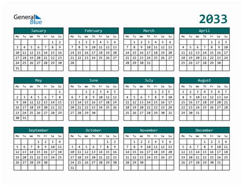 2033 Yearly Calendar Templates with Monday Start