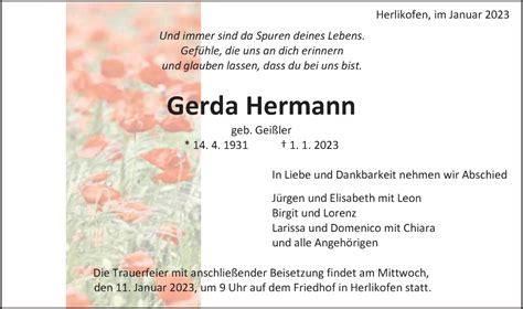 Traueranzeigen Von Gerda Hermann OstalbTrauer