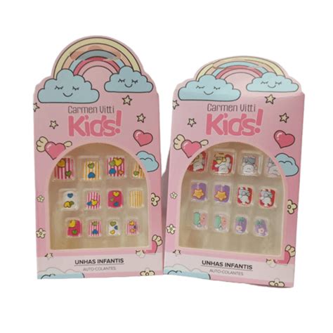 Pacote Unhas Postiças Infantis Kids Auto Colantes 12 Peças