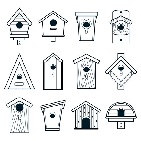 Simple black and white icons of wooden birdhouses. Large, big set of ...