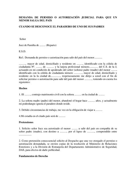 Demanda DE Permiso O Autorización Judicial PARA QUE UN Menor Salga DEL