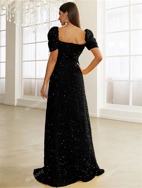 Missord Sweetheart Neck Puff Sleeve Sequin Formal Dress Black Elegant