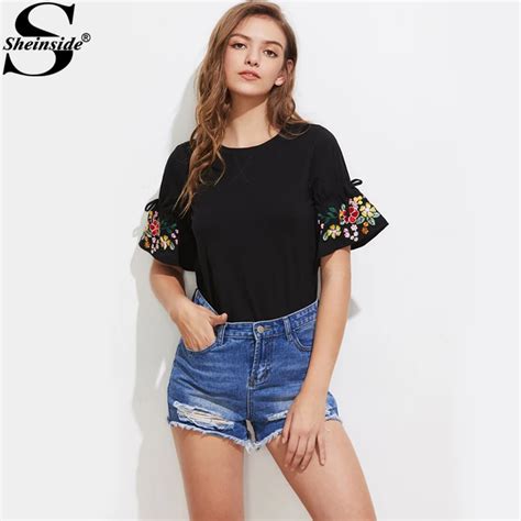 Sheinside Embroidery Drawstring Sleeve T Shirts Vintage Women Cute Boho