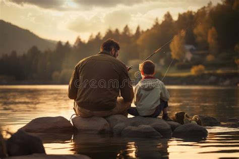 Padre E Hijo Pescando Juntos En Un Lago En Las Monta As Al Atardecer