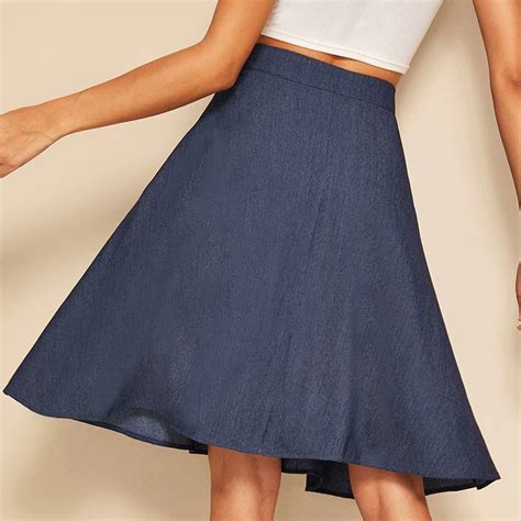 Women A Line Flared Skirts Navy Solid Mid Waist Midi Skirts Power Day Sale