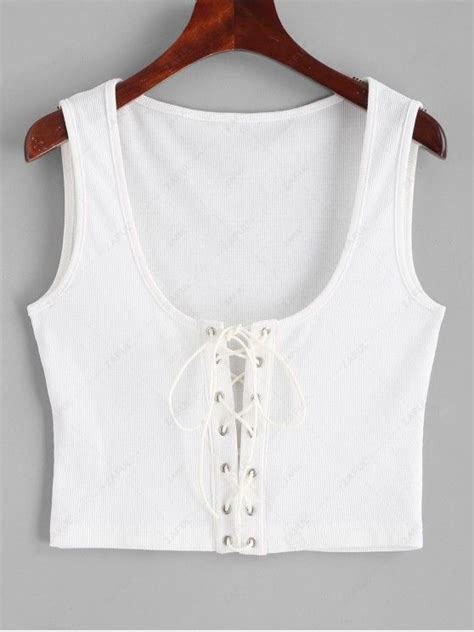 29 OFF 2021 ZAFUL Ribbed Cropped Lace Up Tank Top In WHITE ZAFUL