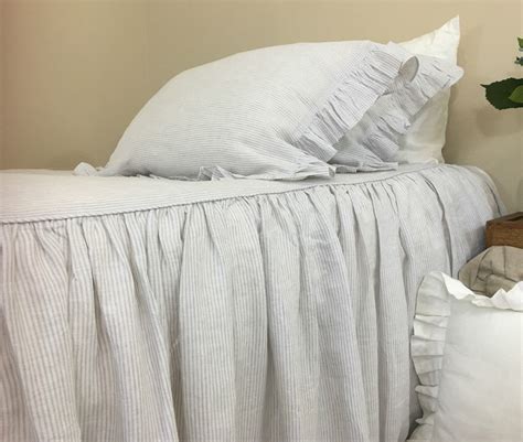 Stone Grey Ticking Striped Bedspread Ruffled Bed Cover Natural Linen