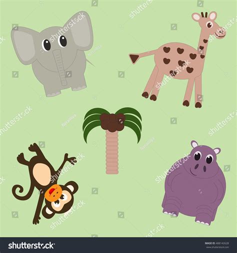 Set Jungle Animals Palm Green Seamless Stock Vector Royalty Free