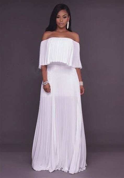 White Ruffle Bandeau Off Shoulder Chiffon Ruched Formal Elegant Maxi Dress Maxi Dresses Dresses