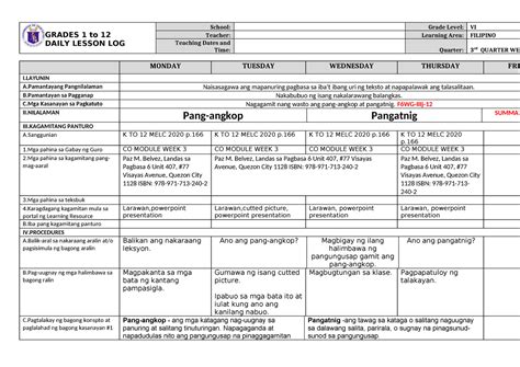 Dll Filipino 6 Q3 W4 Easy Grades 1 To 12 Daily Lesson Log School Grade Level Vi Teacher