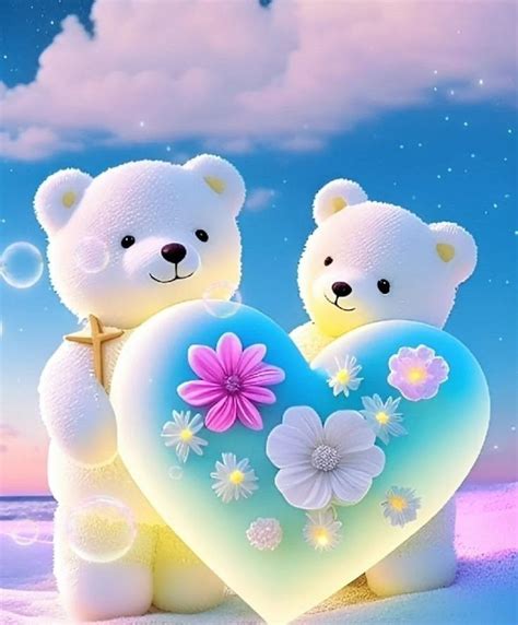 Two White Teddy Bears Holding A Heart Shaped Box With Flowers On The