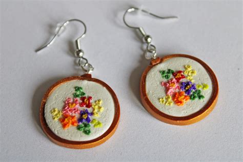 Flower Design Embroidery Hoop Earrings Embroidery Earrings Etsy