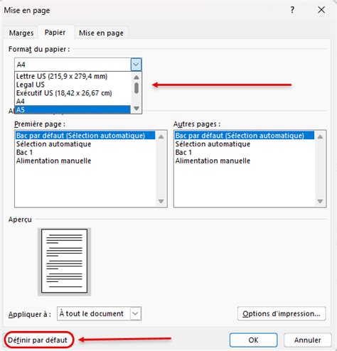 Modifier le format taille de papier par défaut dans Word