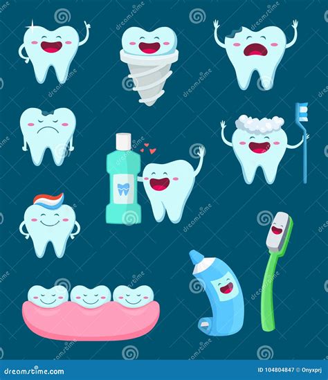 Vector Characters Set Of Funny Teeth And Toothbrush Cartoon Mascot