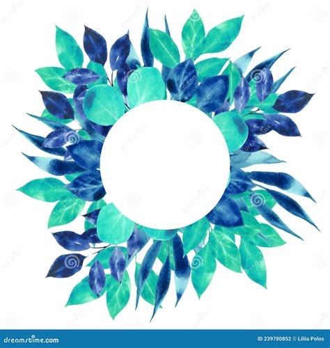 Watercolor Round Frame With Blue Foliage And Place For Text Stock